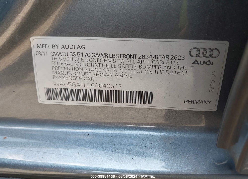 2012 AUDI S4 3.0 PREMIUM PLUS VIN: WAUBGAFL5CA040517