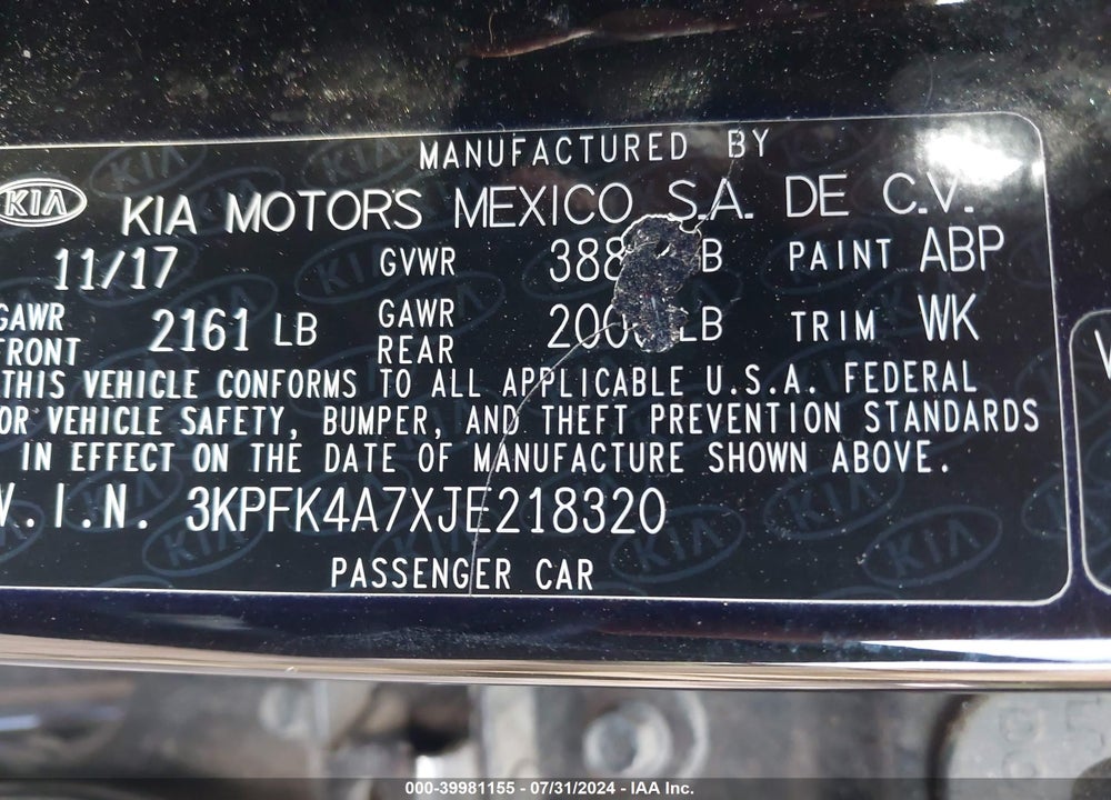 2018 KIA FORTE LX VIN: 3KPFK4A7XJE218320