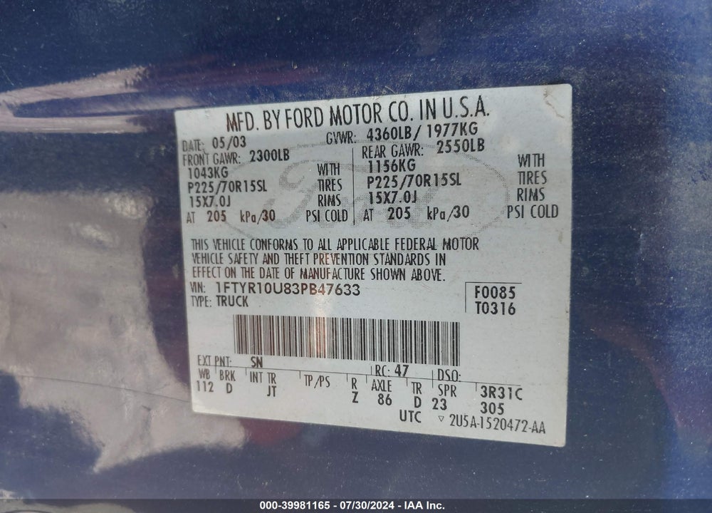 2003 FORD RANGER EDGE/XL/XLT VIN: 1FTYR10U83PB47633