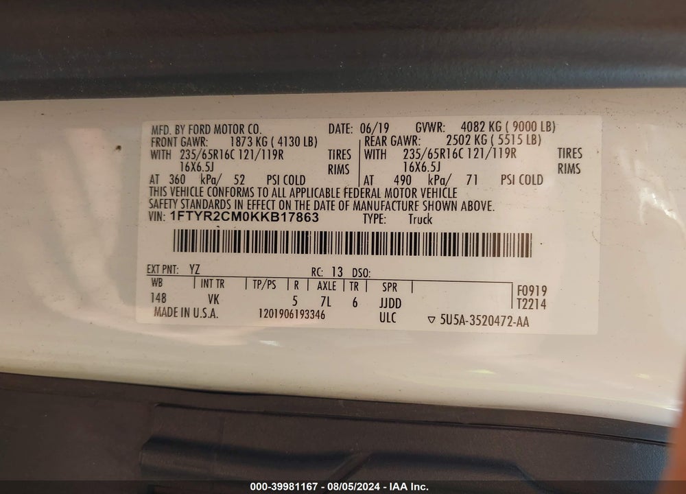 2019 FORD TRANSIT-250 VIN: 1FTYR2CM0KKB17863