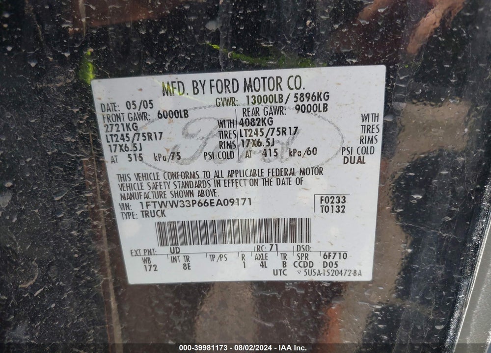 2006 FORD F-350 LARIAT/XL/XLT VIN: 1FTWW33P66EA09171