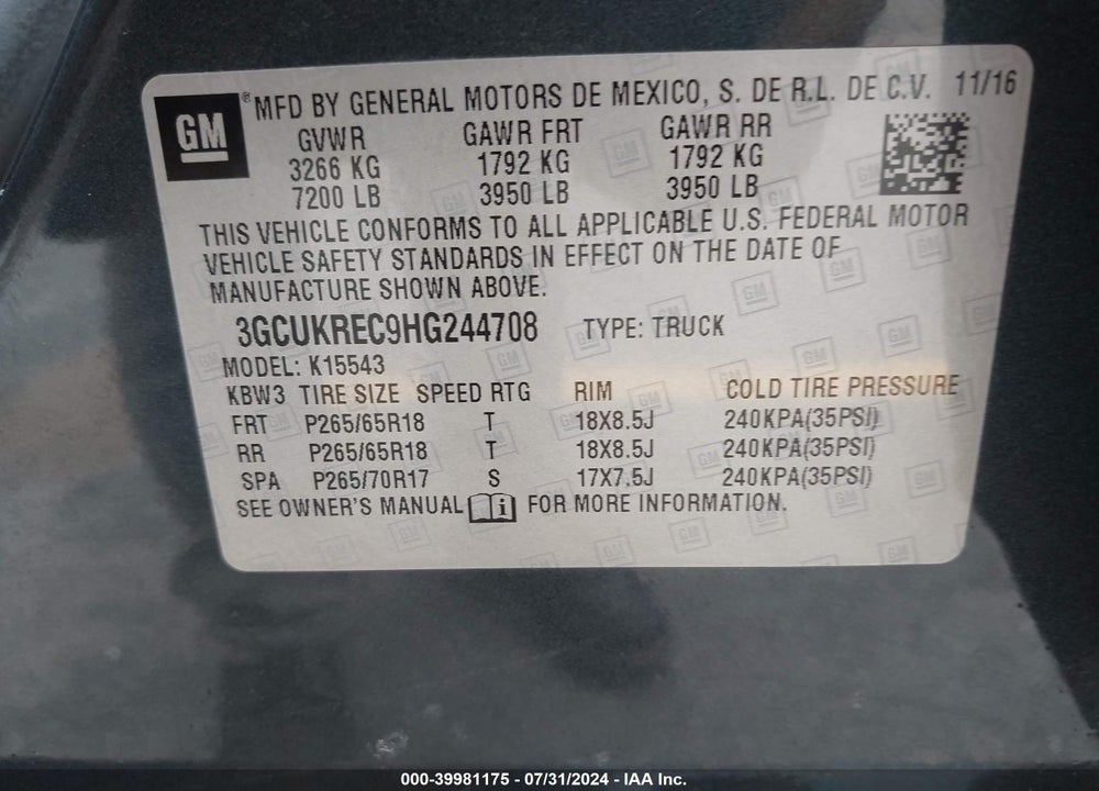 2017 CHEVROLET SILVERADO 1500 VIN: 3GCUKREC9HG244708