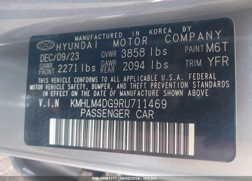 2024 HYUNDAI ELANTRA SEL VIN: KMHLM4DG9RU711469