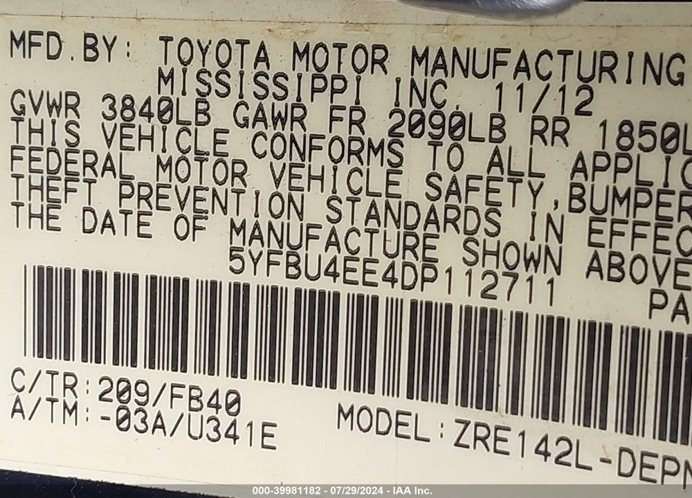 2013 TOYOTA COROLLA LE VIN: 5YFBU4EE4DP112711