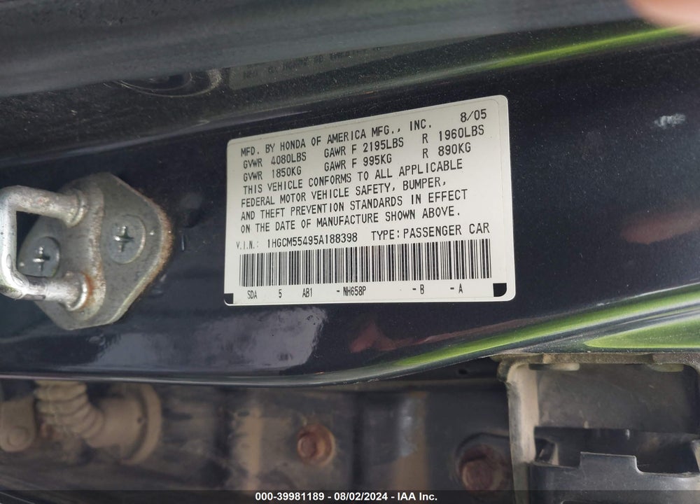 2005 HONDA ACCORD 2.4 LX VIN: 1HGCM55495A188398