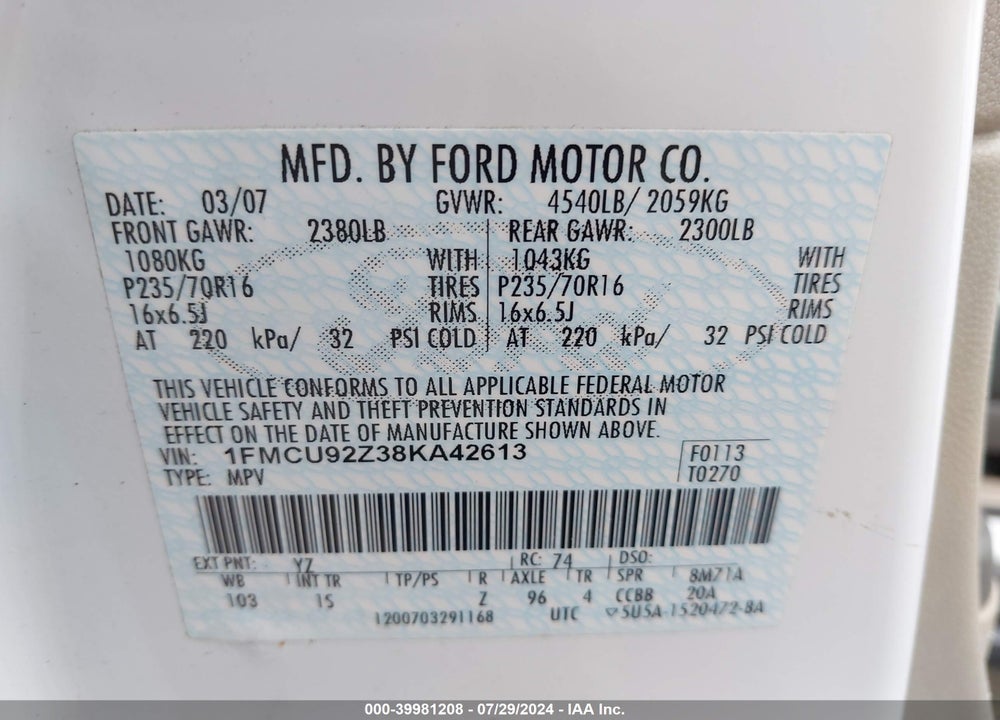2008 FORD ESCAPE XLS VIN: 1FMCU92Z38KA42613