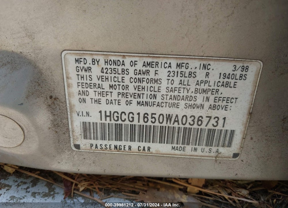 1998 HONDA ACCORD EX V6 VIN: 1HGCG1650WA036731