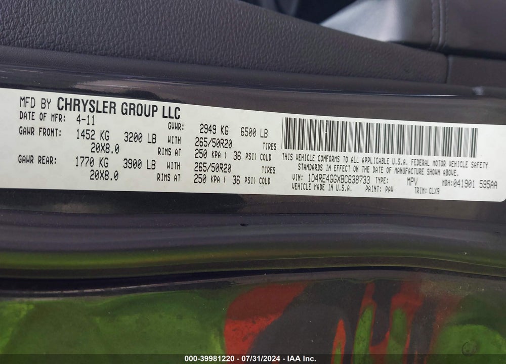 2011 DODGE DURANGO CREW VIN: 1D4RE4GGXBC638733