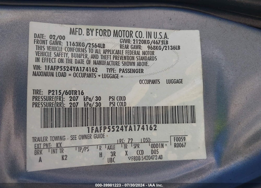 2000 FORD TAURUS SES VIN: 1FAFP5524YA174162