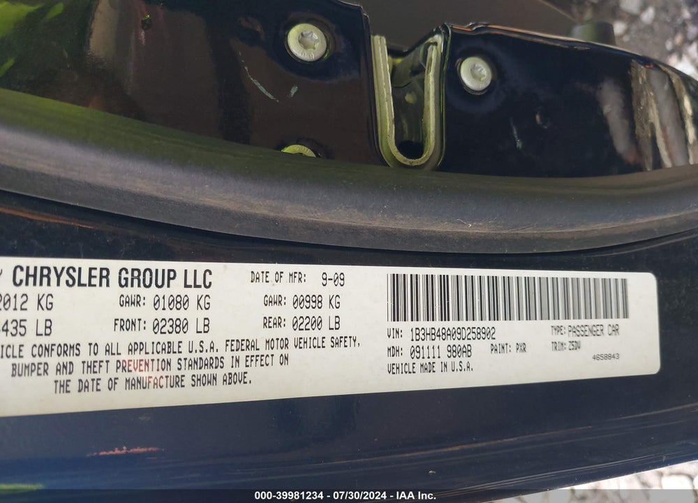 2009 DODGE CALIBER SXT VIN: 1B3HB48A09D258902
