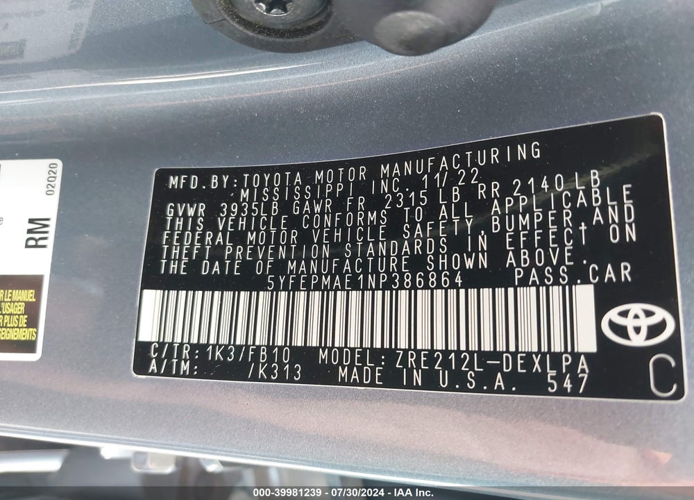 2022 TOYOTA COROLLA LE VIN: 5YFEPMAE1NP386864