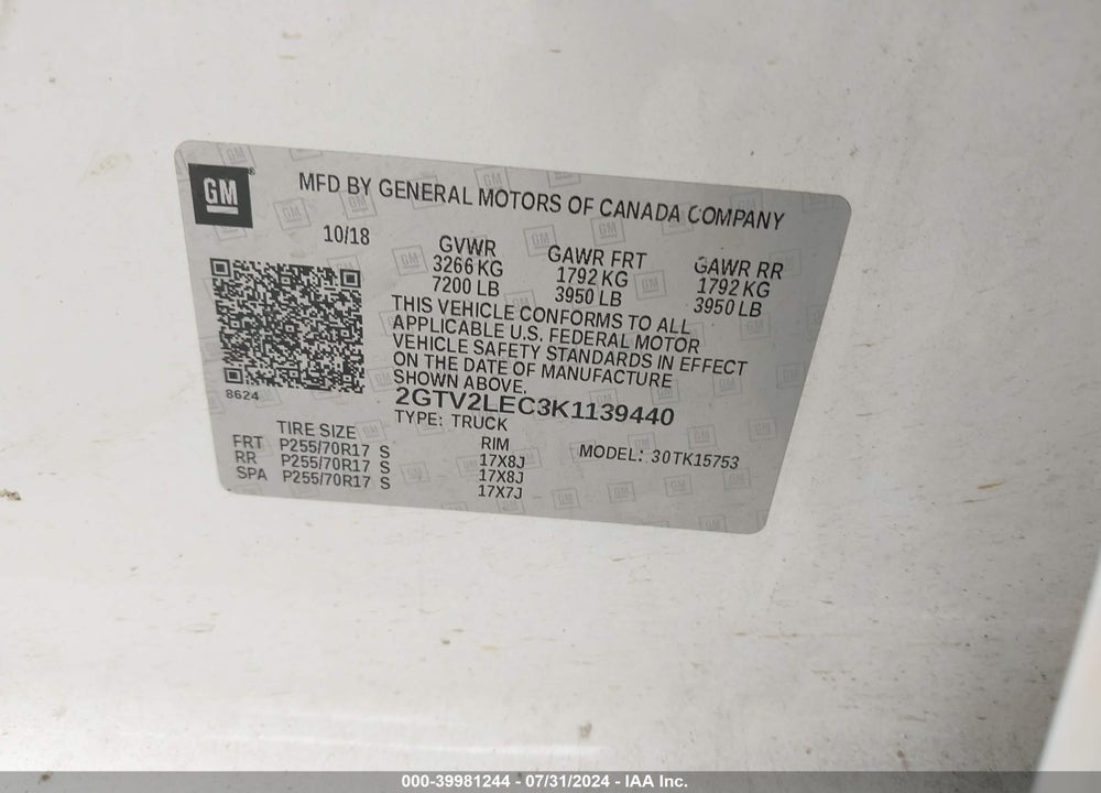 2019 GMC SIERRA 1500 LIMITED VIN: 2GTV2LEC3K1139440