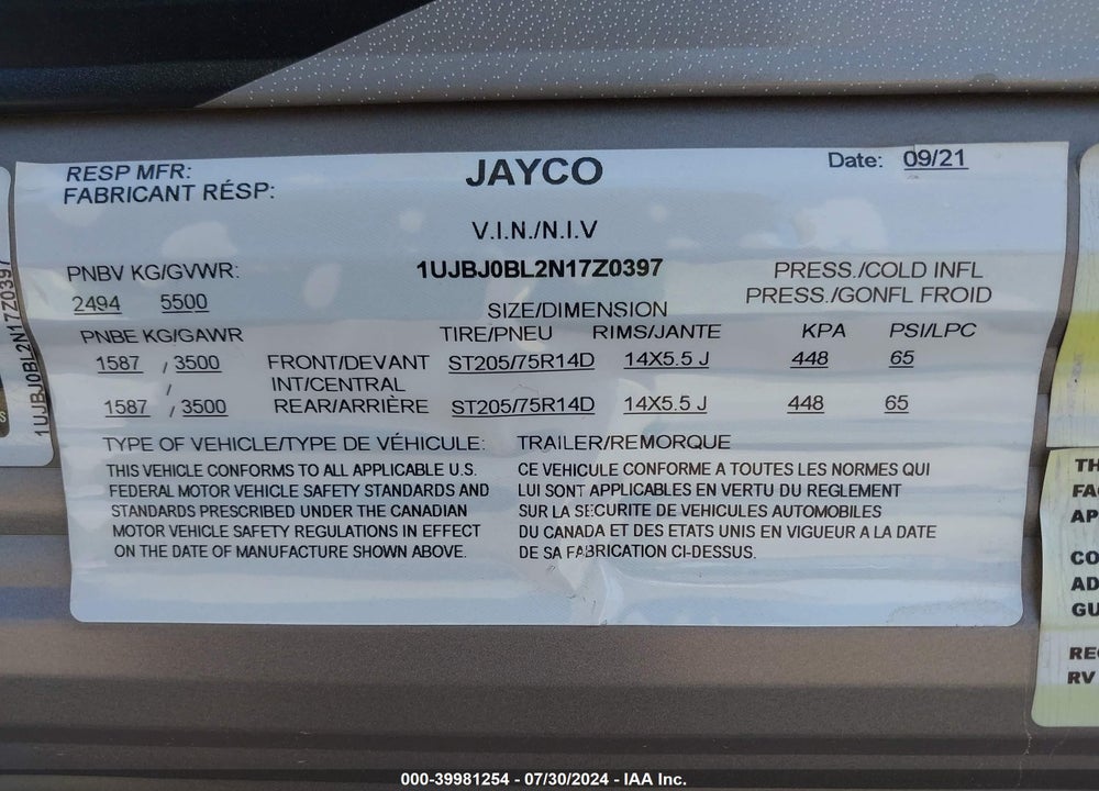 2022 JAYCO JAYFL184BH VIN: 1UJBJ0BL2N17Z0397