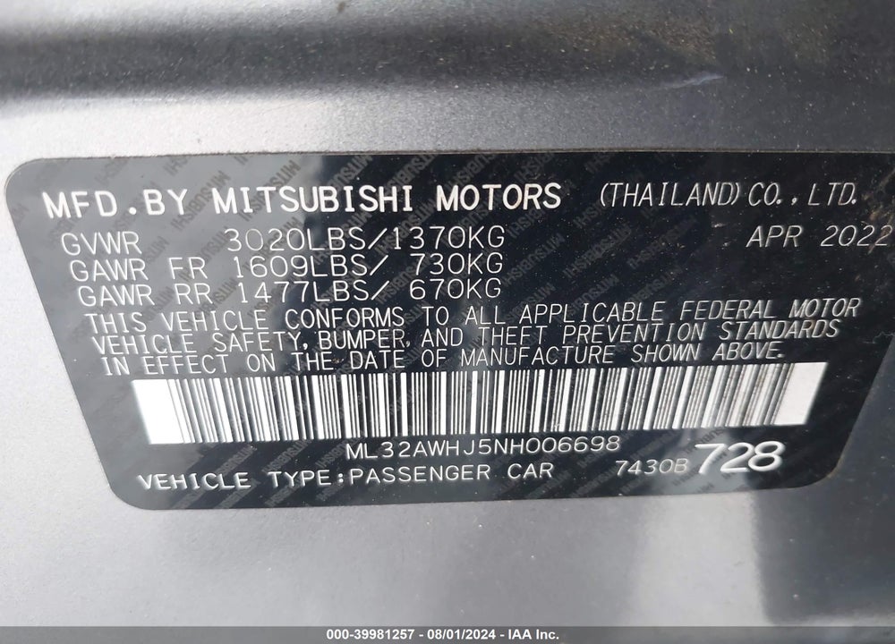 2022 MITSUBISHI MIRAGE BLACK EDITION/SE VIN: ML32AWHJ5NH006698