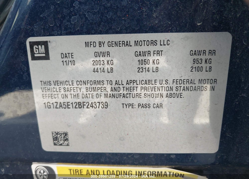 2011 CHEVROLET MALIBU LS VIN: 1G1ZA5E12BF243739