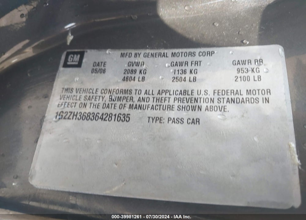 2006 PONTIAC G6 GT VIN: 1G2ZH368364281635