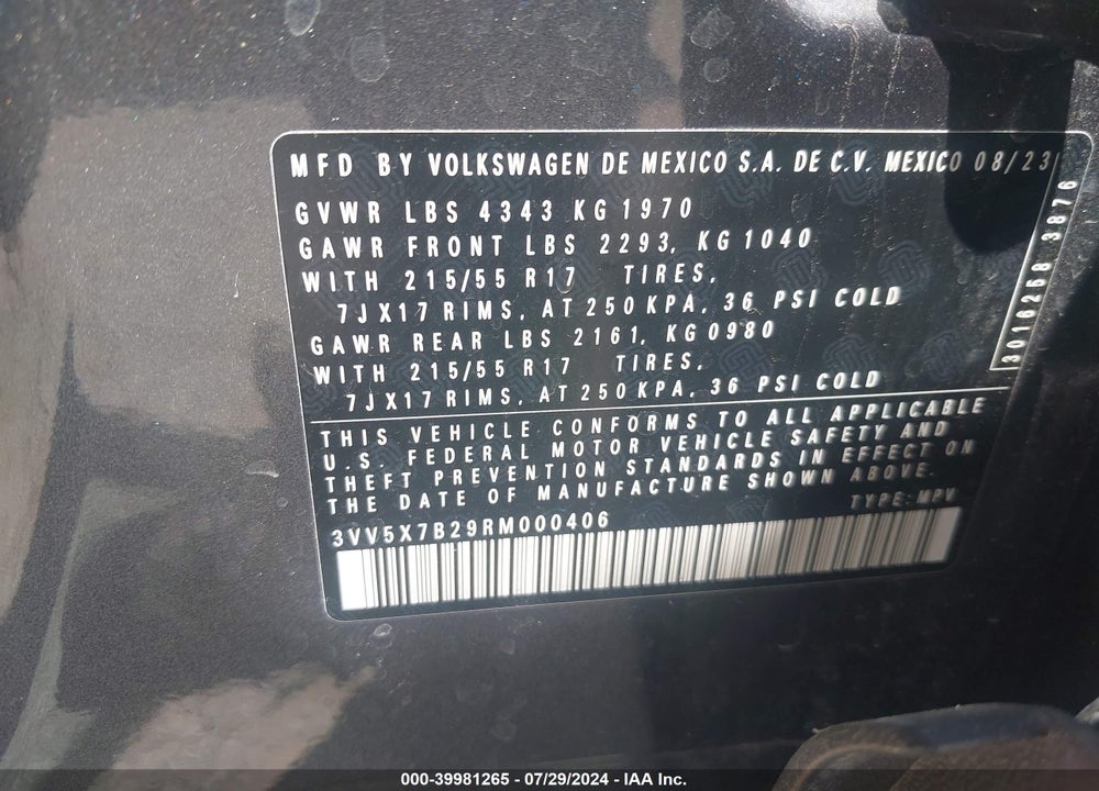 2024 VOLKSWAGEN TAOS 1.5T S VIN: 3VV5X7B29RM000406