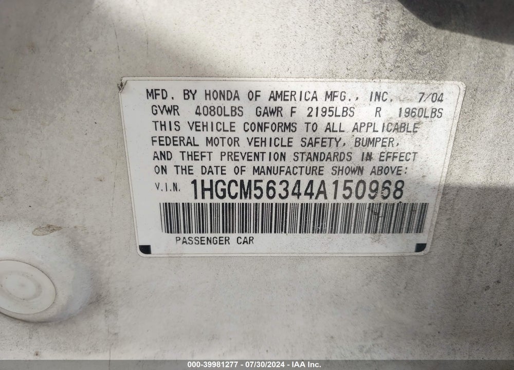 2004 HONDA ACCORD 2.4 LX VIN: 1HGCM56344A150968