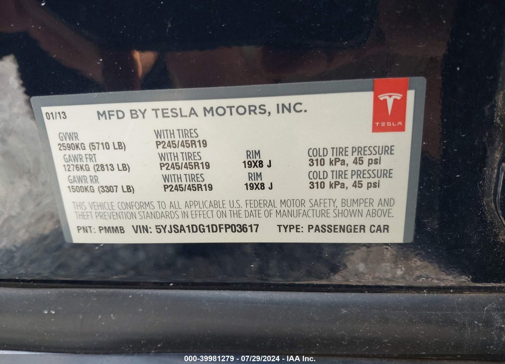 2013 TESLA MODEL S VIN: 5YJSA1DG1DFP03617