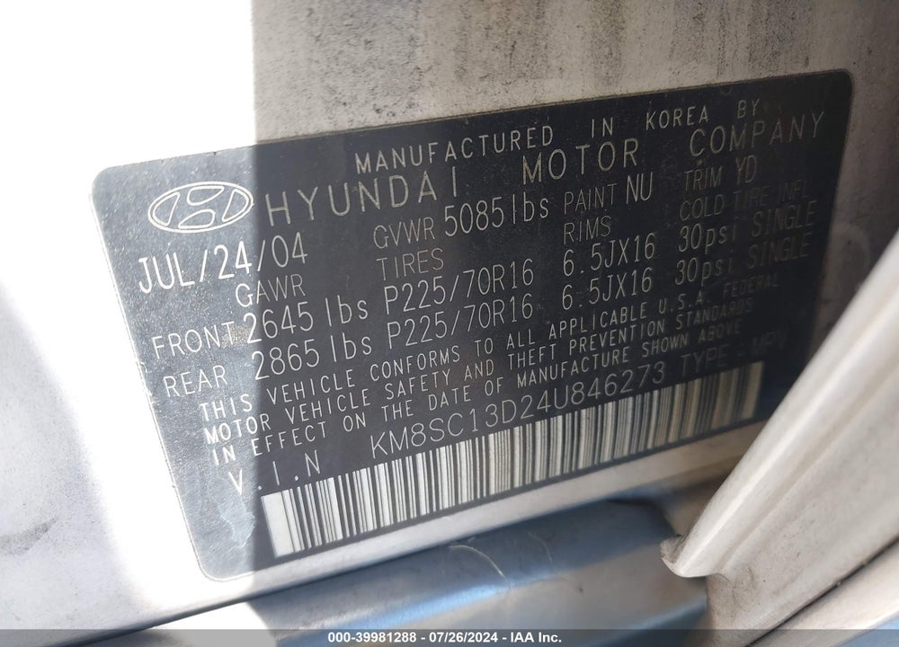 2004 HYUNDAI SANTA FE GLS VIN: KM8SC13D24U846273
