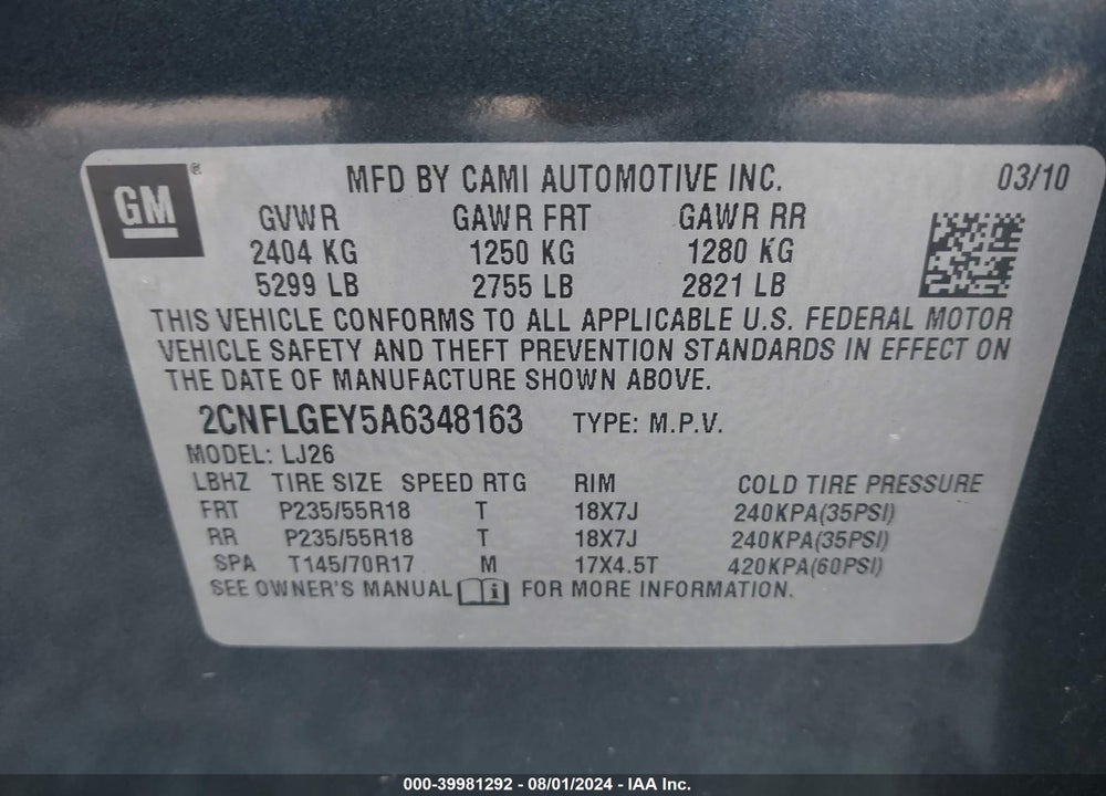 2010 CHEVROLET EQUINOX LTZ VIN: 2CNFLGEY5A6348163