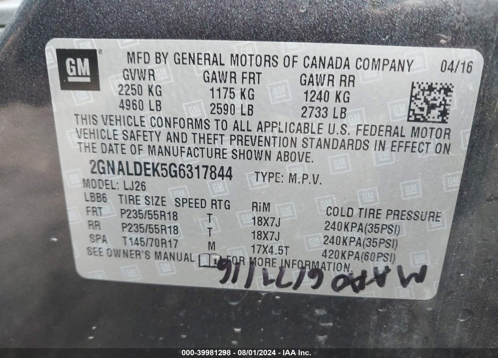2016 CHEVROLET EQUINOX VIN: 2GNALDEK5G6317844