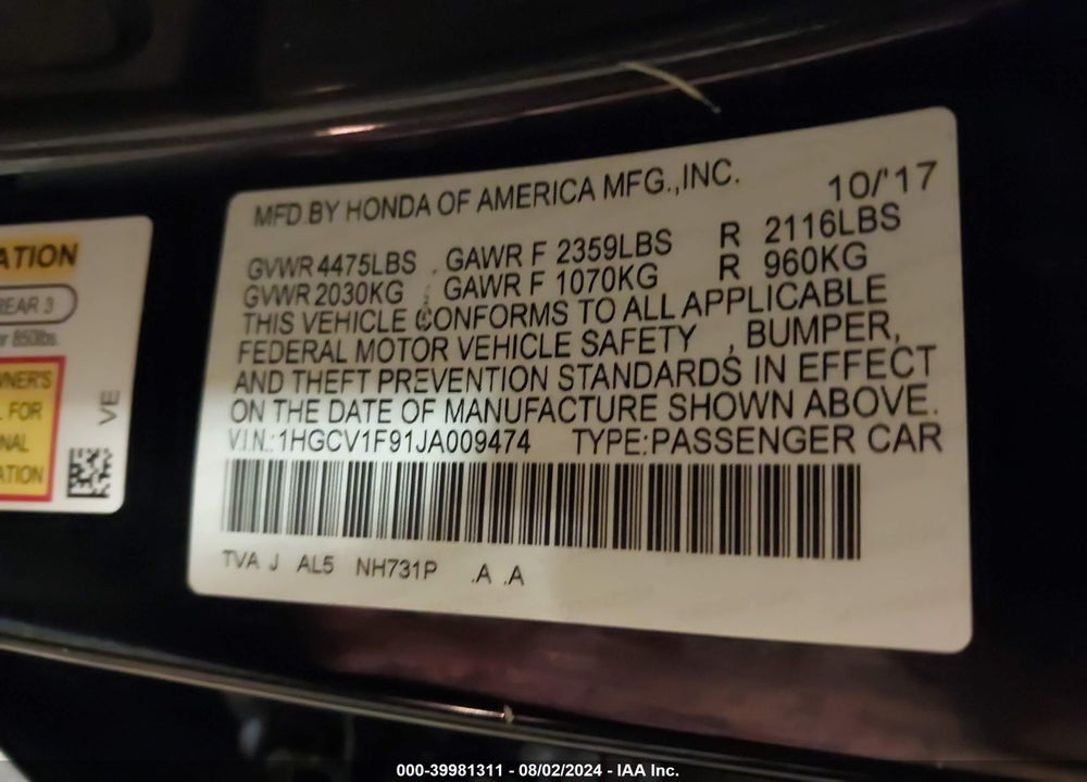 2018 HONDA ACCORD TOURING VIN: 1HGCV1F91JA009474