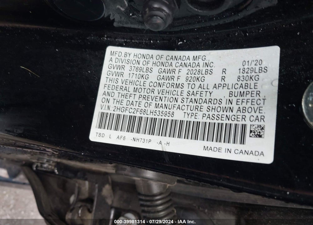 2020 HONDA CIVIC LX VIN: 2HGFC2F68LH535958