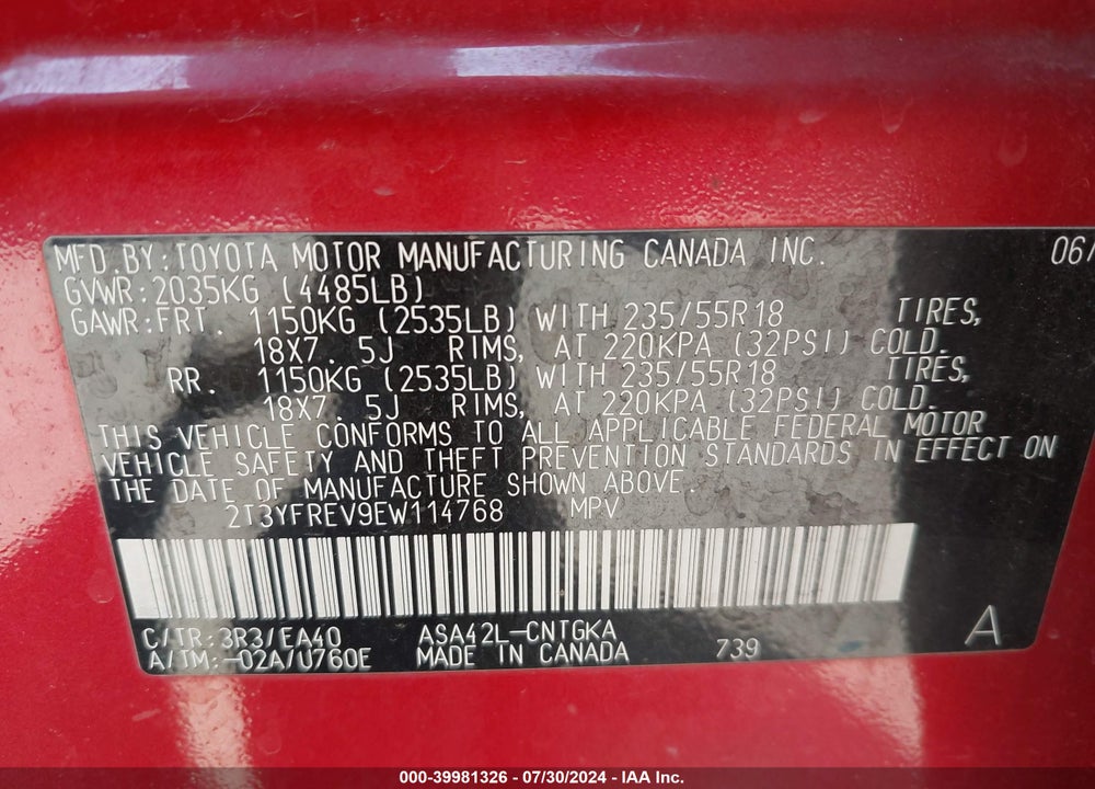 2014 TOYOTA RAV4 LIMITED VIN: 2T3YFREV9EW114768