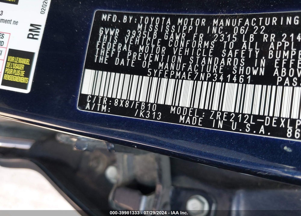 2022 TOYOTA COROLLA LE VIN: 5YFEPMAE7NP341461