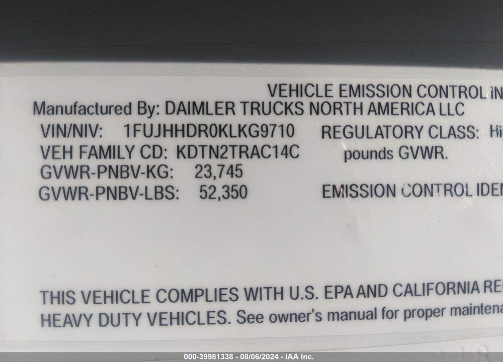 2019 FREIGHTLINER NEW CASCADIA 126 VIN: 1FUJHHDR0KLKG9710