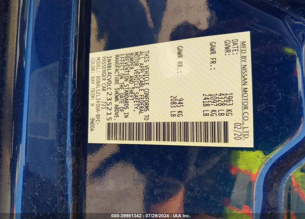 2020 NISSAN ALTIMA SR FWD VIN: 1N4BL4CV0LC235215