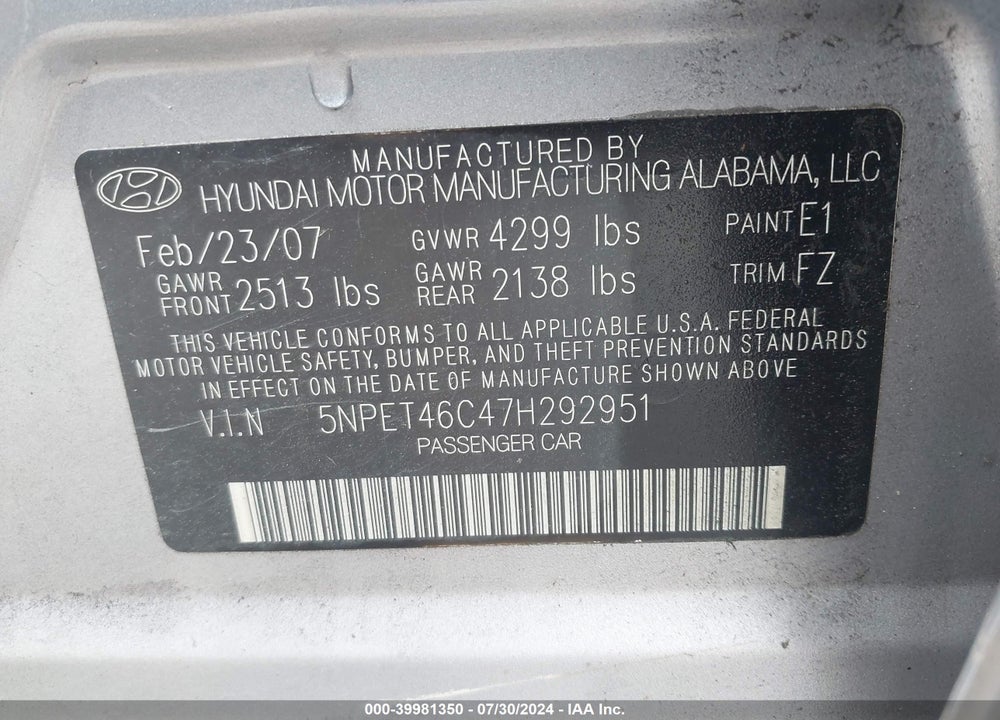 2007 HYUNDAI SONATA GLS VIN: 5NPET46C47H292951