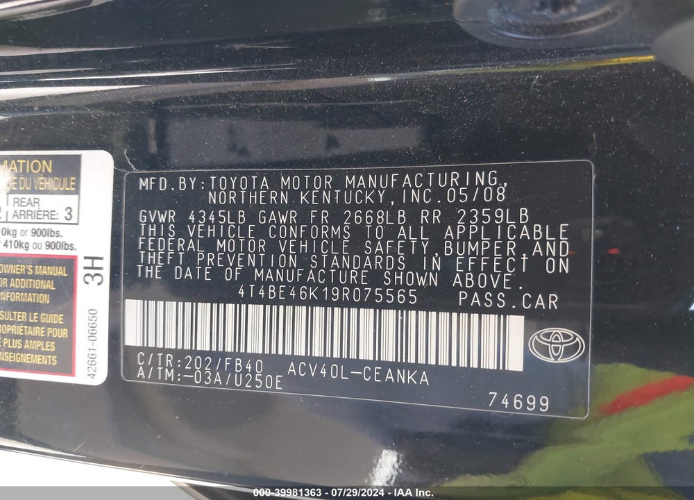 2009 TOYOTA CAMRY LE VIN: 4T4BE46K19R075565