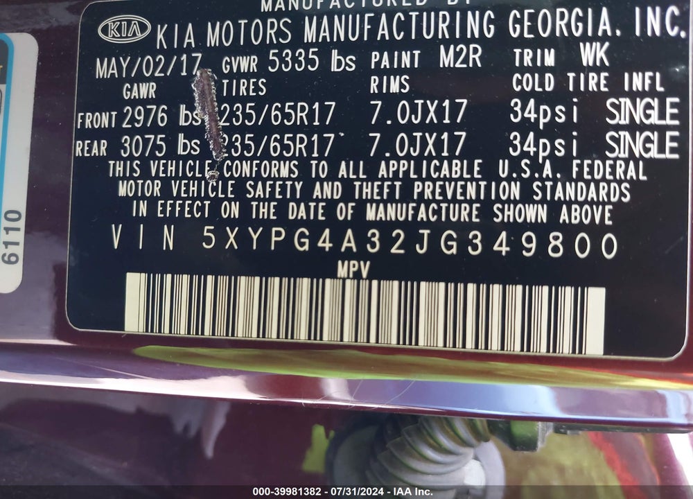2018 KIA SORENTO 2.4L LX VIN: 5XYPG4A32JG349800