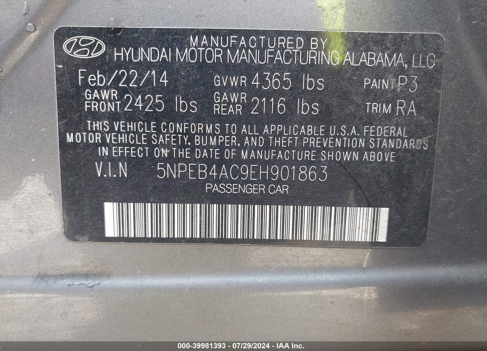 2014 HYUNDAI SONATA GLS VIN: 5NPEB4AC9EH901863