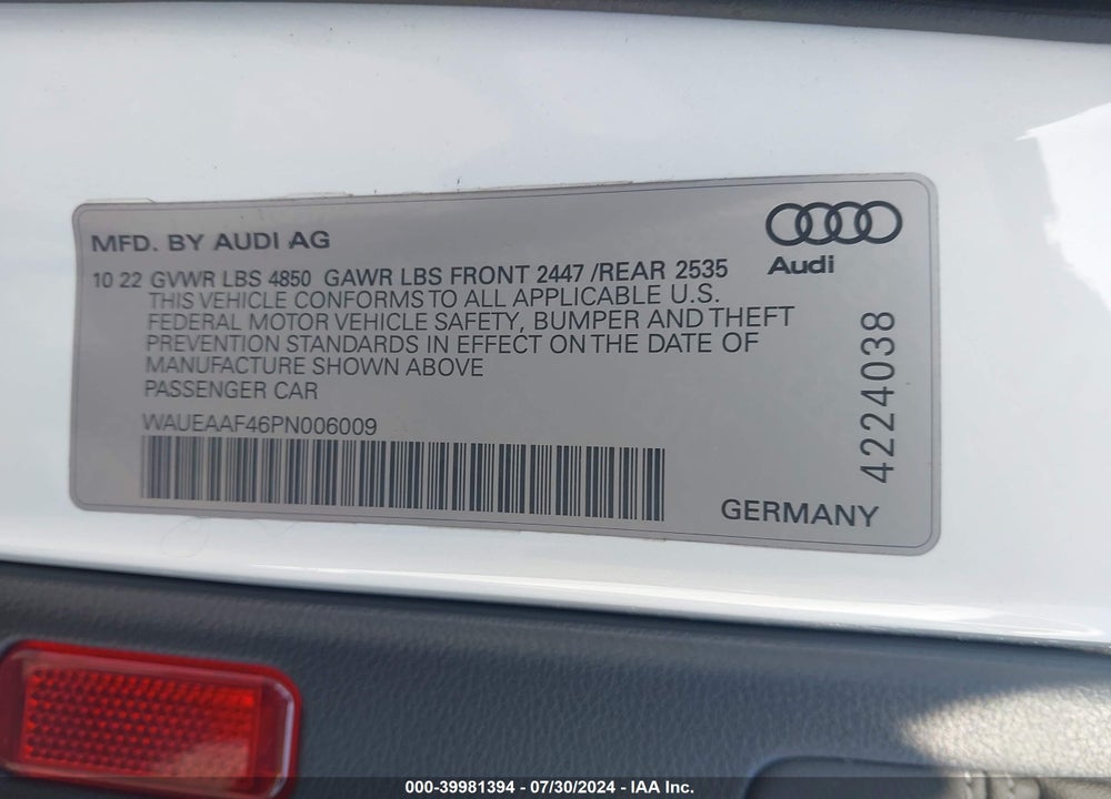 2023 AUDI A4 PREMIUM PLUS 45 TFSI S LINE QUATTRO S TRONIC VIN: WAUEAAF46PN006009