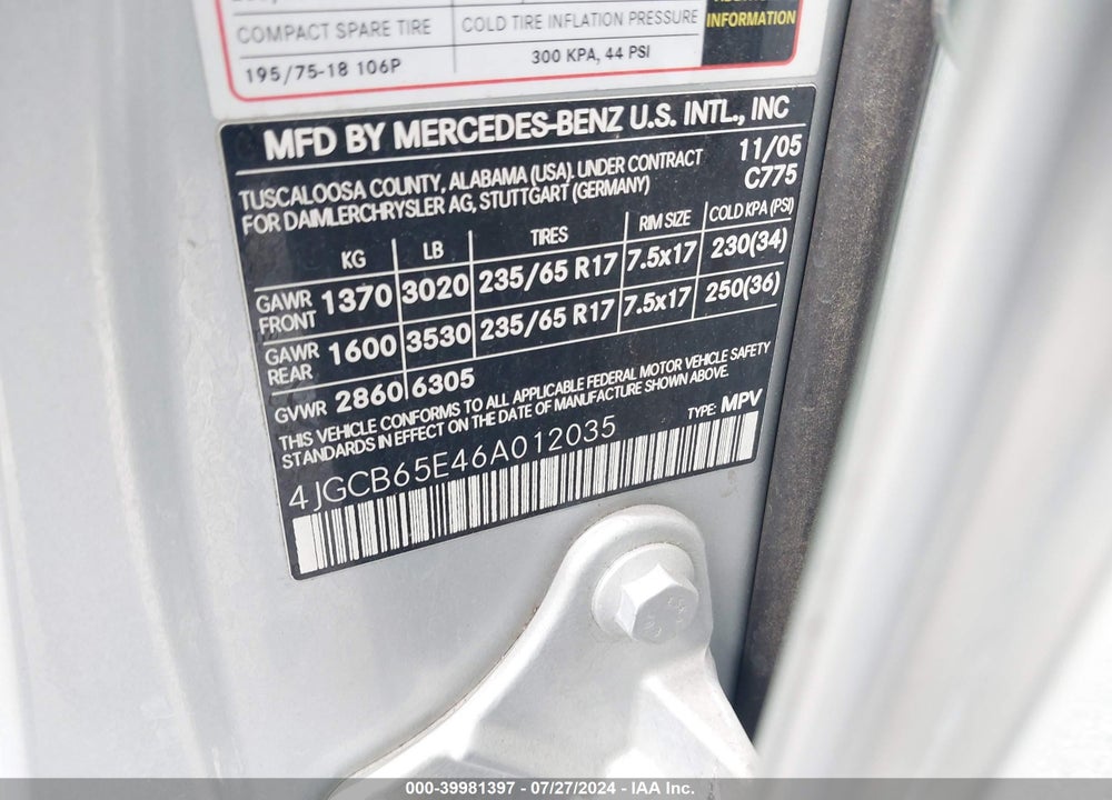 2006 MERCEDES-BENZ R 350 4MATIC VIN: 4JGCB65E46A012035