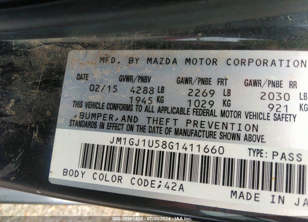 2016 MAZDA 6 I SPORT VIN: JM1GJ1U58G1411660