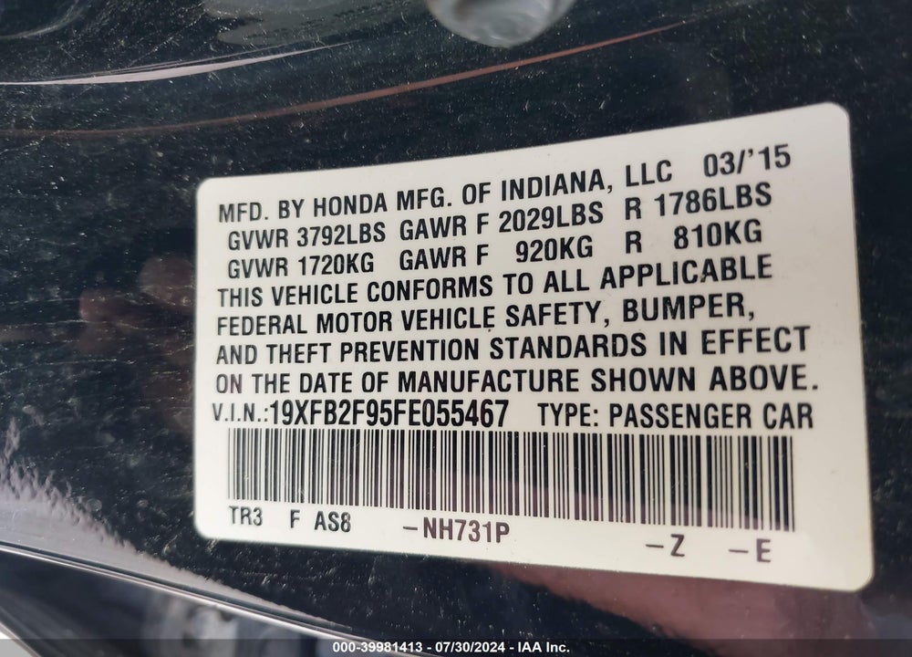2015 HONDA CIVIC EX-L VIN: 19XFB2F95FE055467