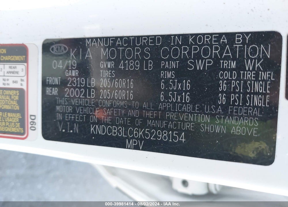 2019 KIA NIRO LX VIN: KNDCB3LC6K5298154