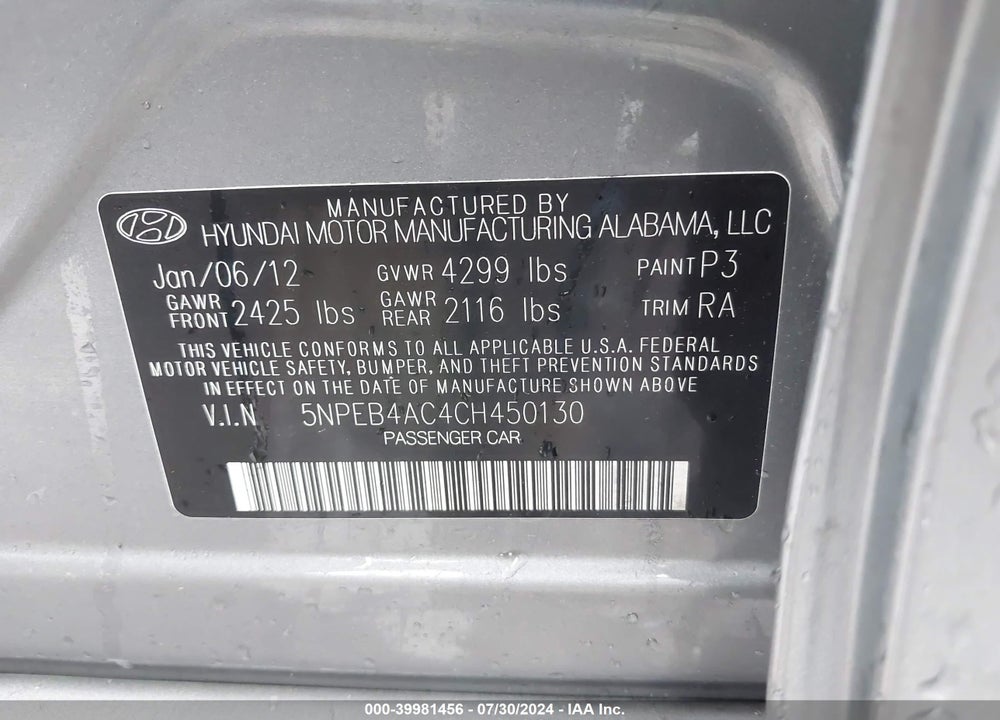 2012 HYUNDAI SONATA GLS VIN: 5NPEB4AC4CH450130