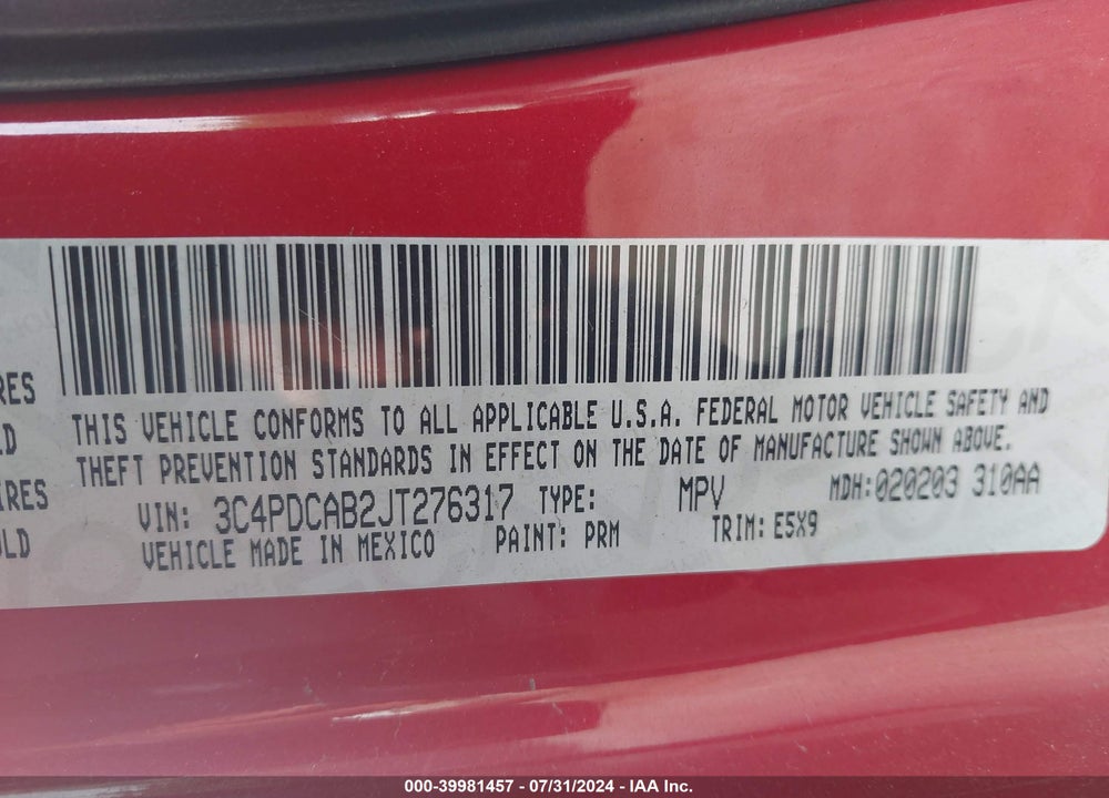 2018 DODGE JOURNEY SE VIN: 3C4PDCAB2JT276317