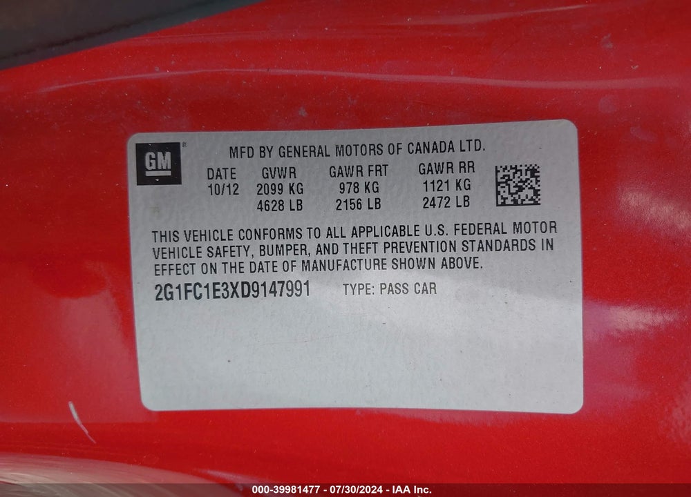 2013 CHEVROLET CAMARO 2LT VIN: 2G1FC1E3XD9147991