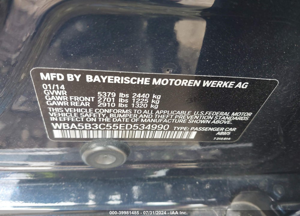 2014 BMW 535I XDRIVE VIN: WBA5B3C55ED534990