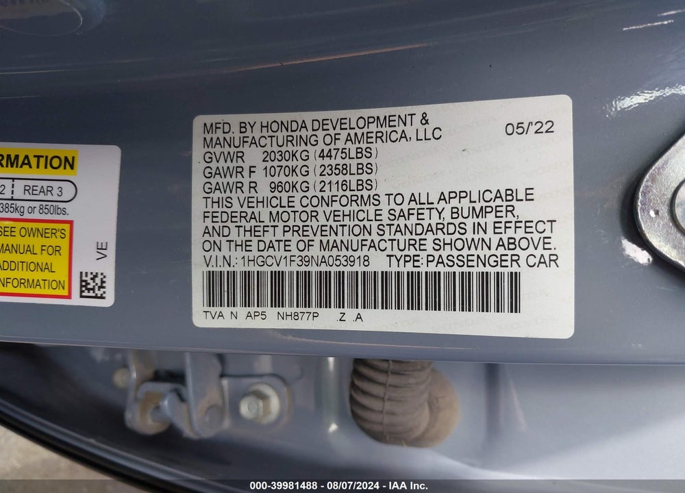 2022 HONDA ACCORD SPORT VIN: 1HGCV1F39NA053918