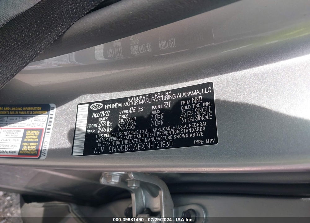 2022 HYUNDAI TUCSON SEL VIN: 5NMJBCAEXNH121930