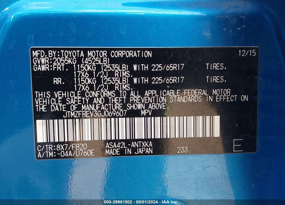 2016 TOYOTA RAV4 LE VIN: JTMZFREV3GJ069607