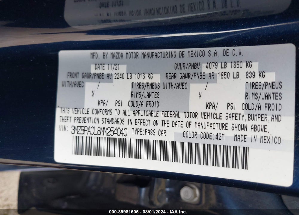 2021 MAZDA 3 PREFERRED VIN: 3MZBPACL8MM254040