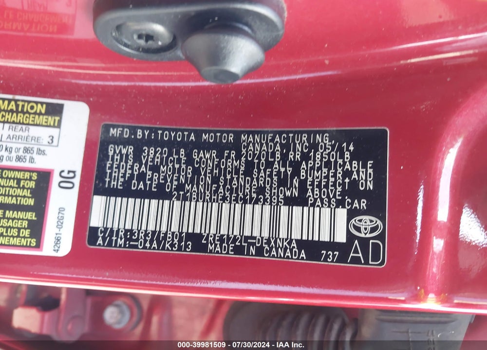 2014 TOYOTA COROLLA LE PLUS VIN: 2T1BURHE3EC173395